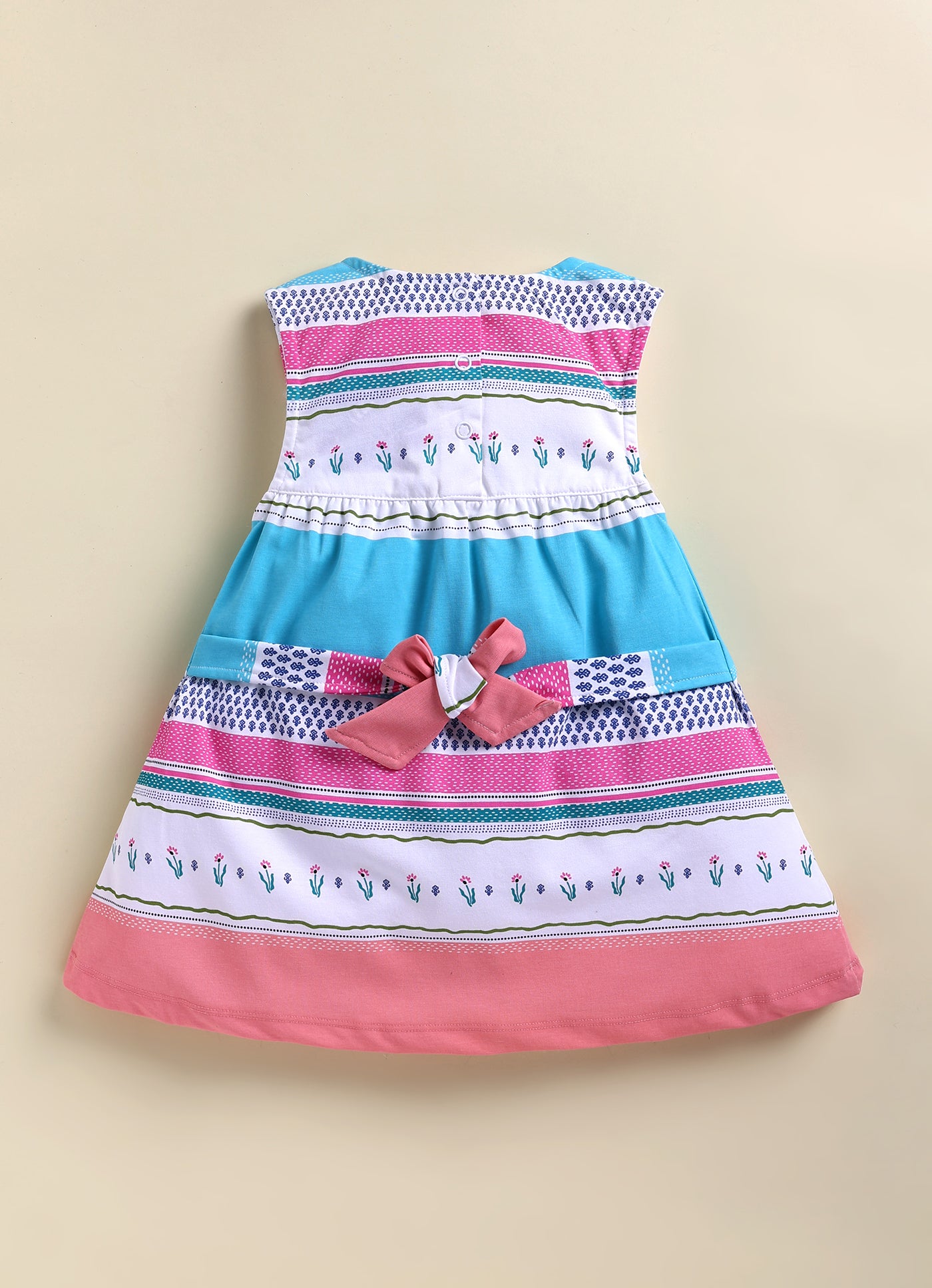 Annie Girls Colorful Striped Floral Sleeveless Pink Frock