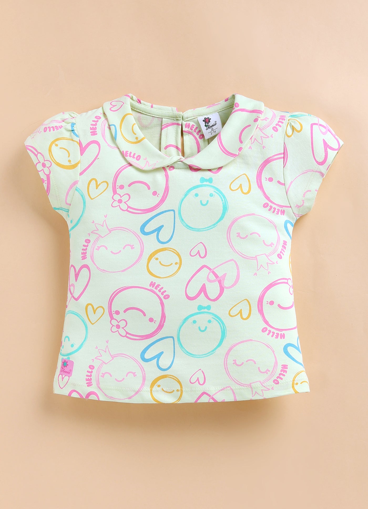 Annie Girls "Hello" Smiley Face Print Top and Shorts Set - Lemon