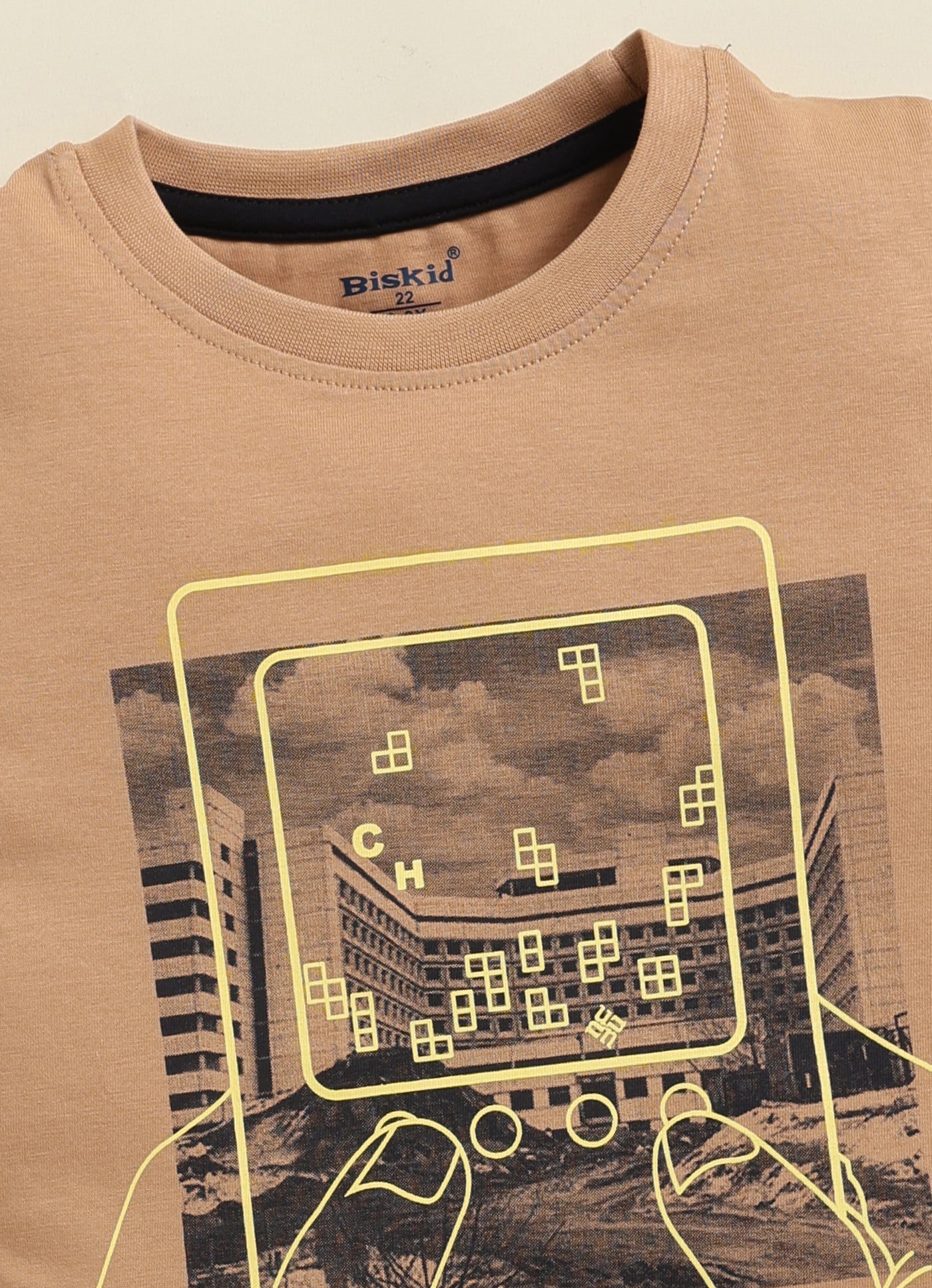 Biskid Boys Retro Gaming Graphic Crew Neck T-Shirt - Beige