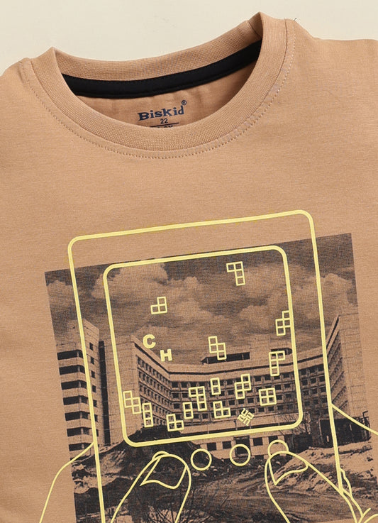 Biskid Boys Retro Gaming Graphic Crew Neck T-Shirt - Beige