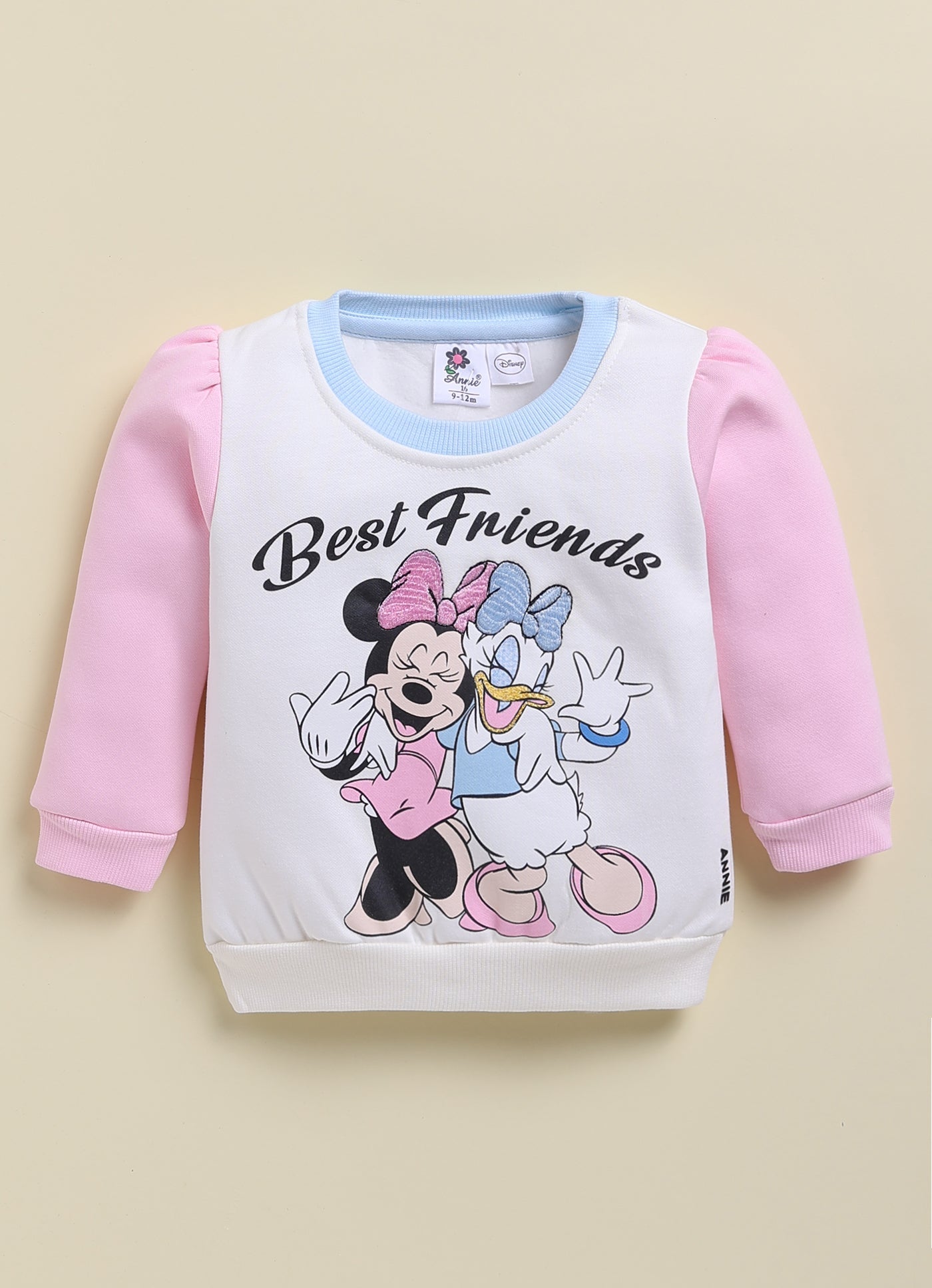 Annie Kids Fleece Knit to Knit Full Sleeves Minnie and Daisy Printed Winterwear Sweatshirts & Pant - Orange