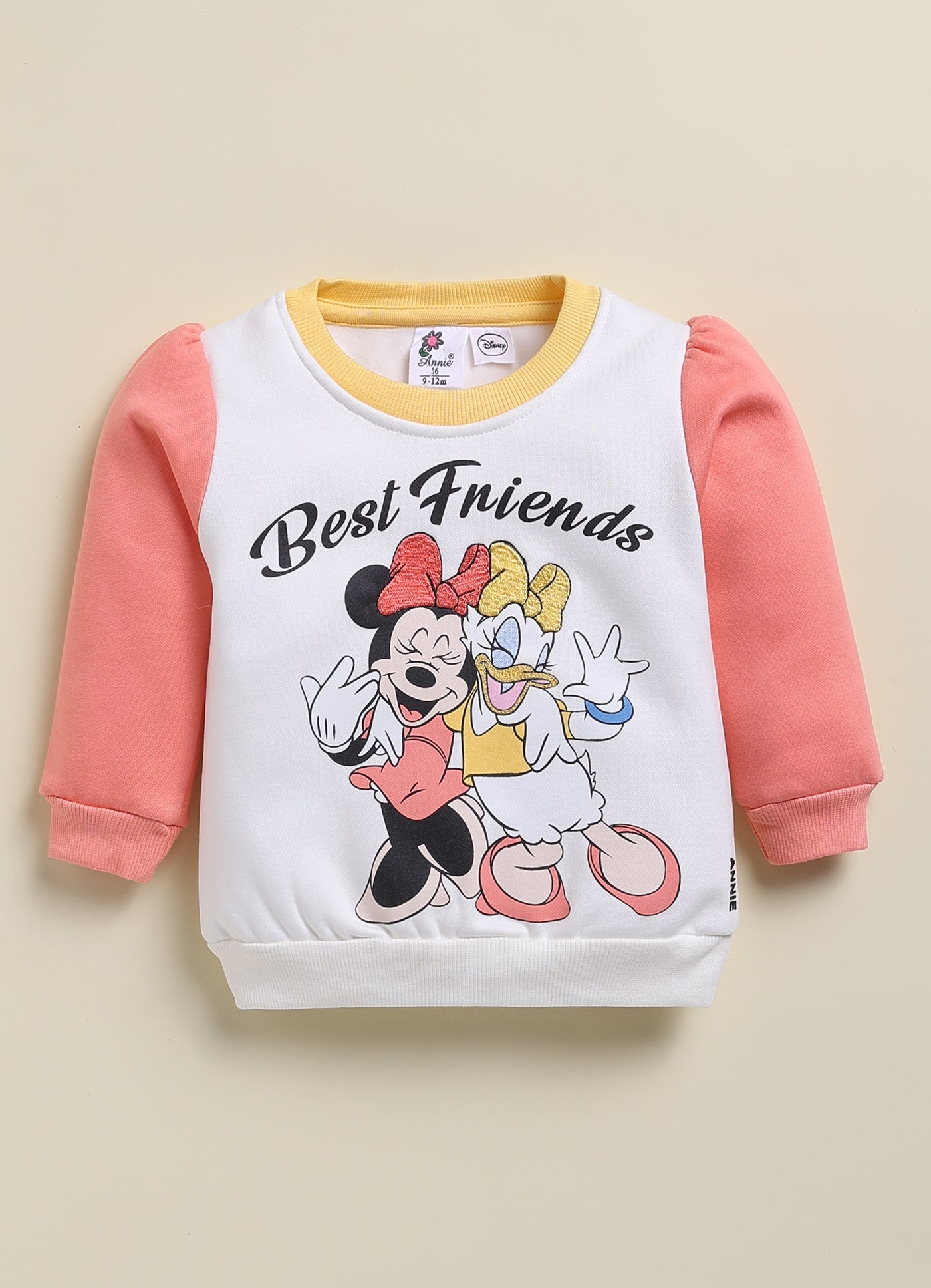 Annie Kids Fleece Knit to Knit Full Sleeves Minnie and Daisy Printed Winterwear Sweatshirts & Pant - Orange