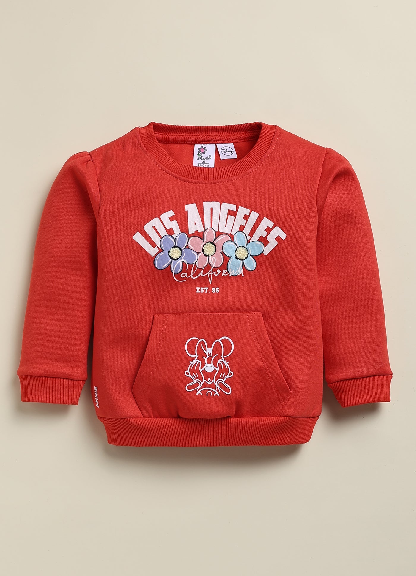 Annie Kids Fleece Knit to Knit Full Sleeves Los Angeles Text Printed Winterwear Sweatshirts & Pant - Red