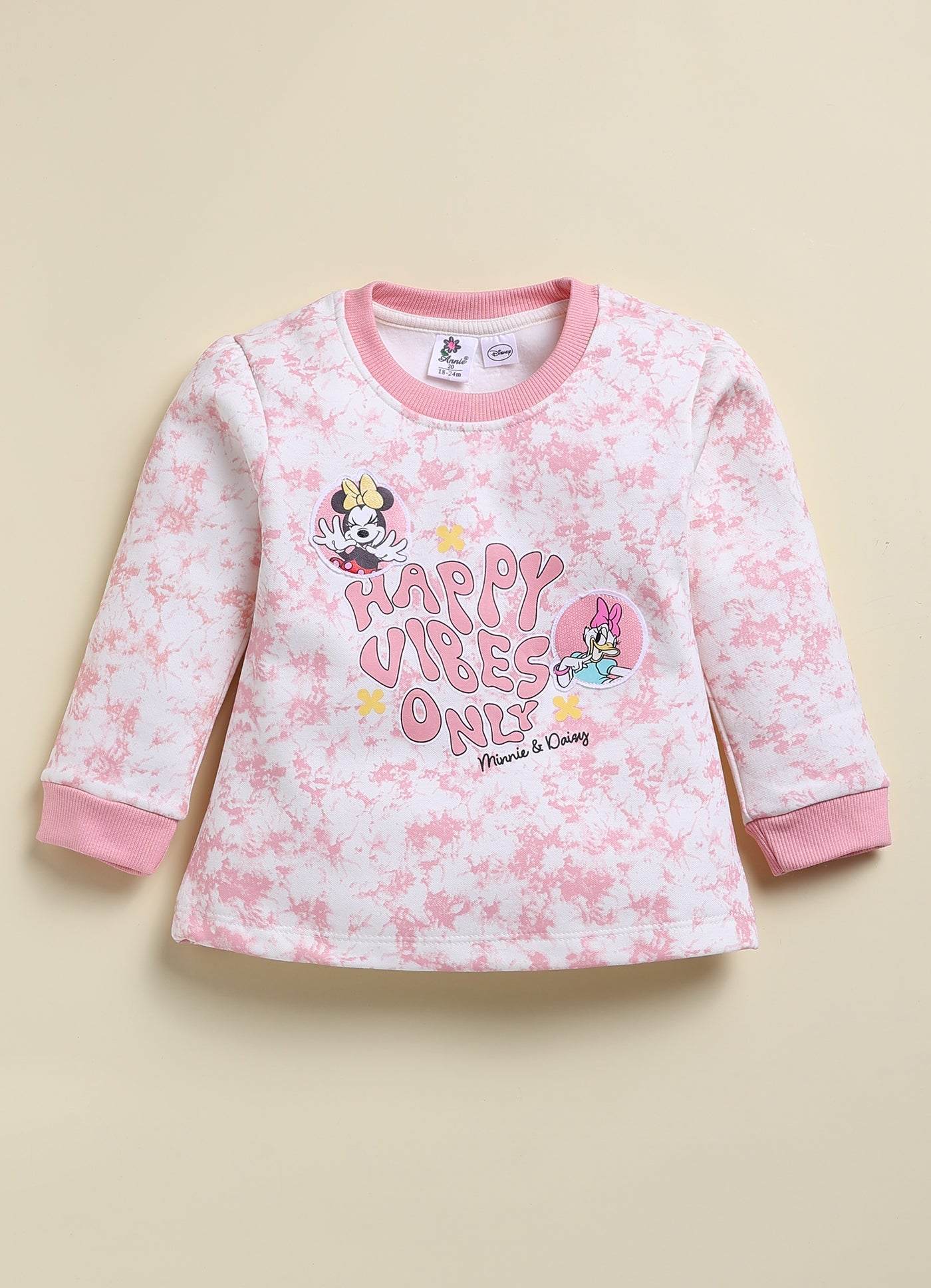 Annie Kids Fleece Knit to Knit Full Sleeves Minnie Printed Winterwear Sweatshirts & Pant - Peach