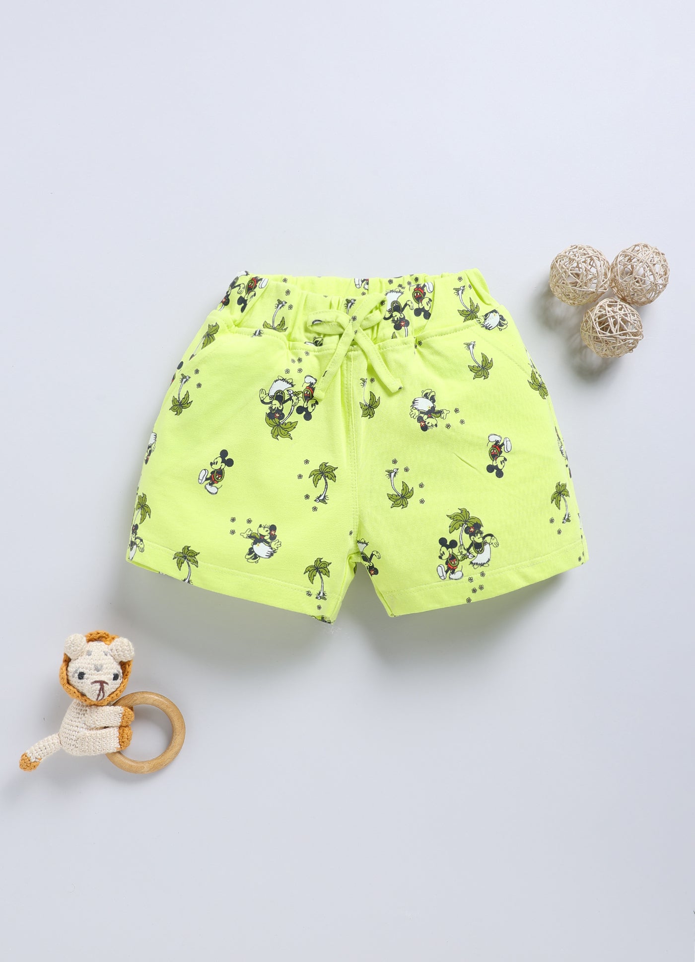 Biskid Girls Disney "Mickey & Friends" Pack of 2 Snoopy Blue Checkered and Mickey Mouse Lemon Yellow Tropical Printed Casual Shorts