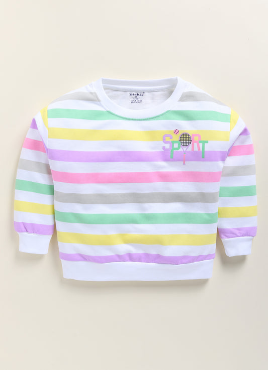 showing a flat lay of a Biskid brand girls long-sleeve pullover top. The top features horizontal stripes in pastel pink, yellow, green, and grey on a white base, with a "SPORT" graphic featuring a tennis racket on the upper chest, and white ribbed trim at the neck, cuffs, and hem.