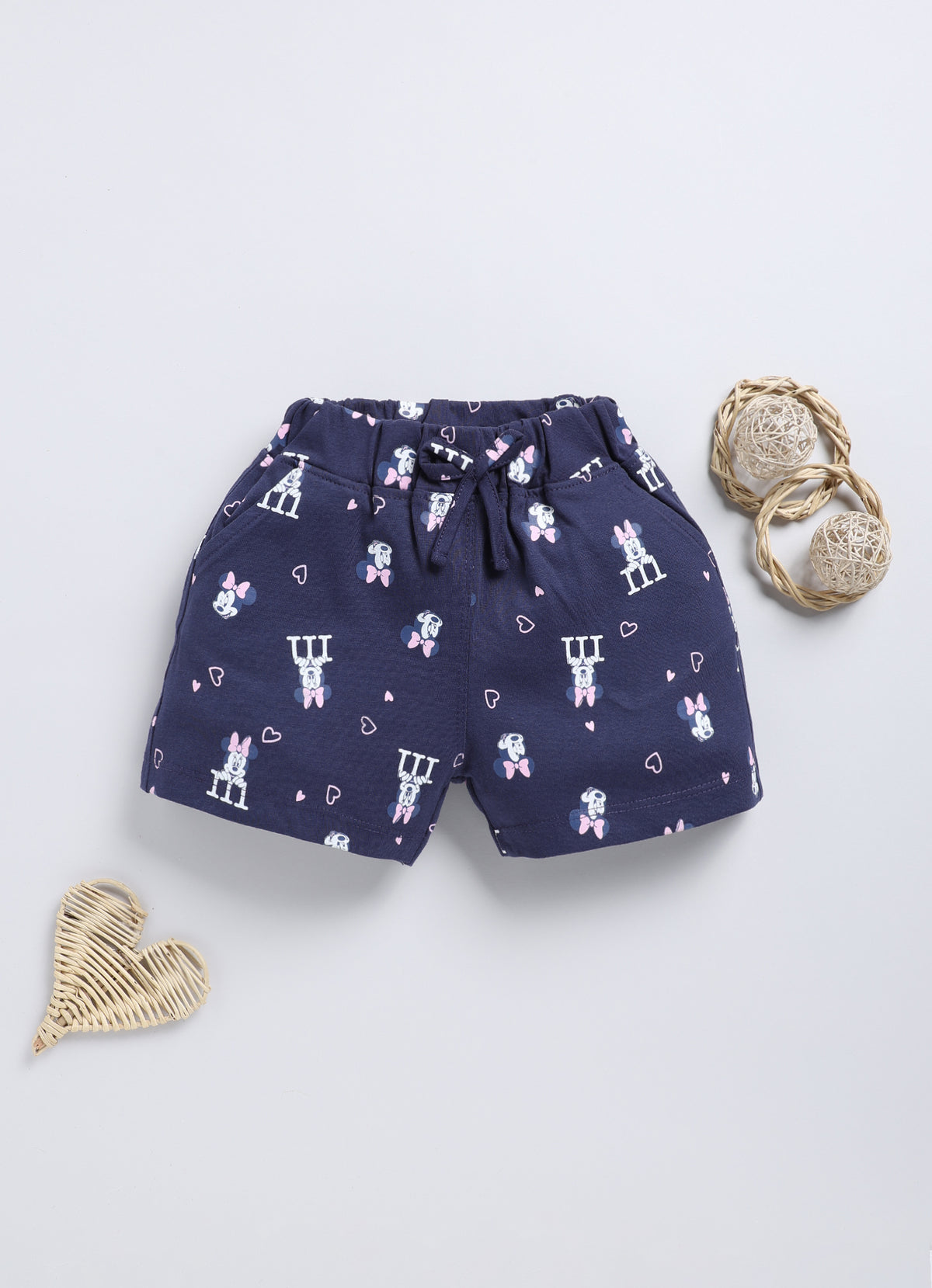 Biskid Girls Disney Green Checkered & Navy Blue Printed Casual Shorts , Pack of 2