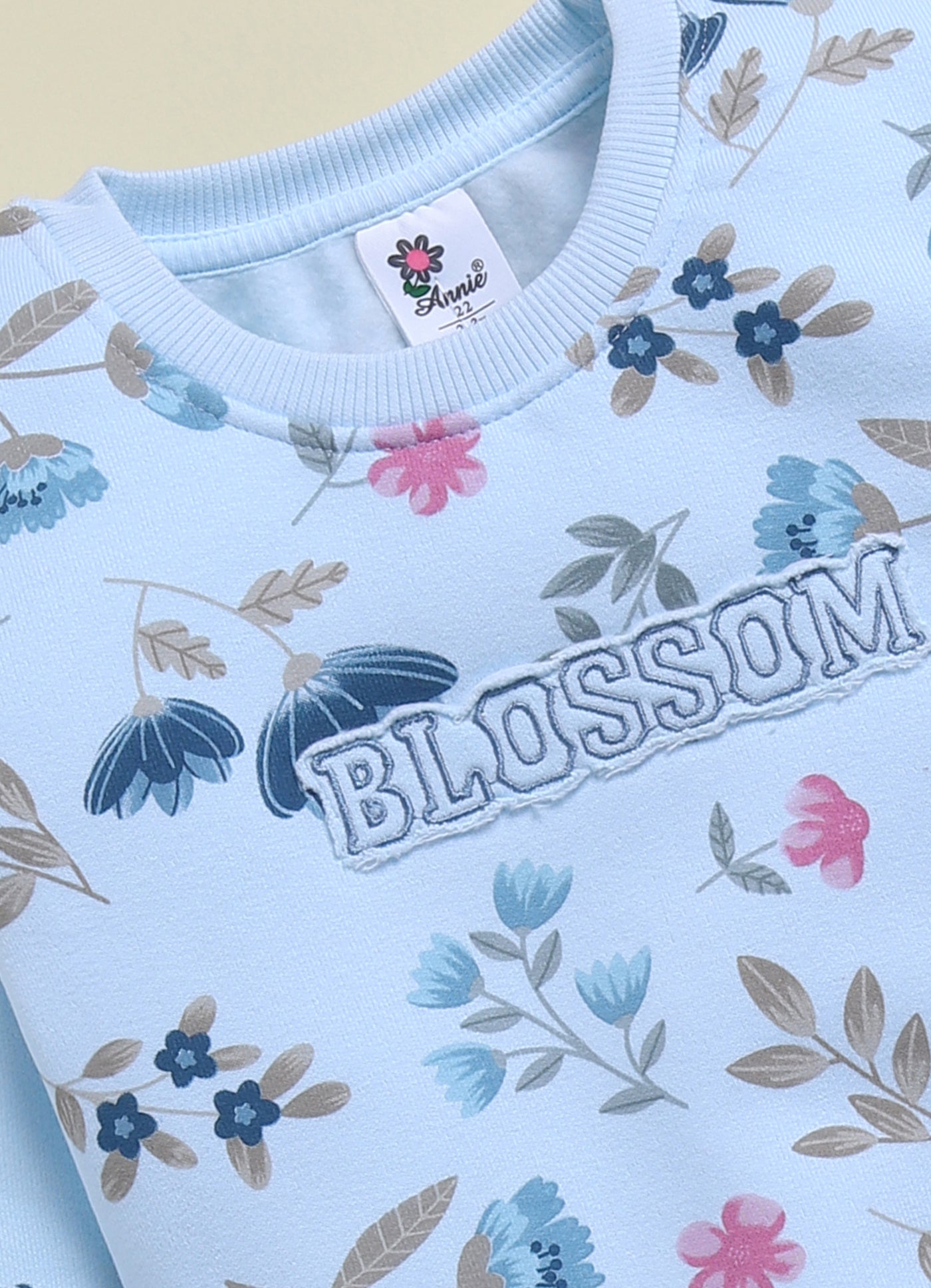 Annie Kids Fleece Knit to Knit Full Sleeves Blossom Text with Flower Printed Winterwear Sweatshirts & Pant