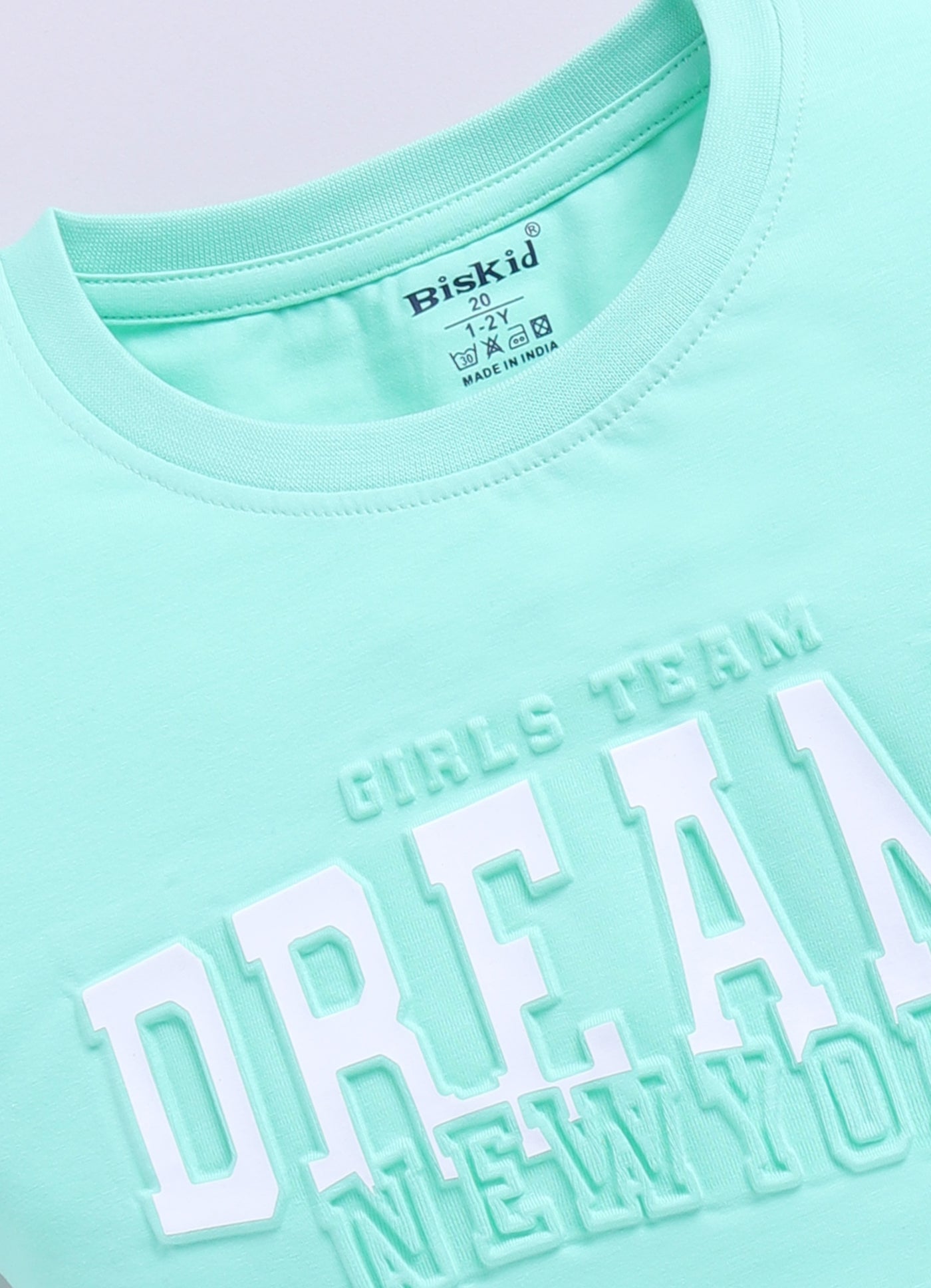 Biskid Girls "GOOD VIBE 1998" Light Peach and "DREAMS NEW YORK" Sea Green Casual Cotton Crop Top Combo (Pack of 2)