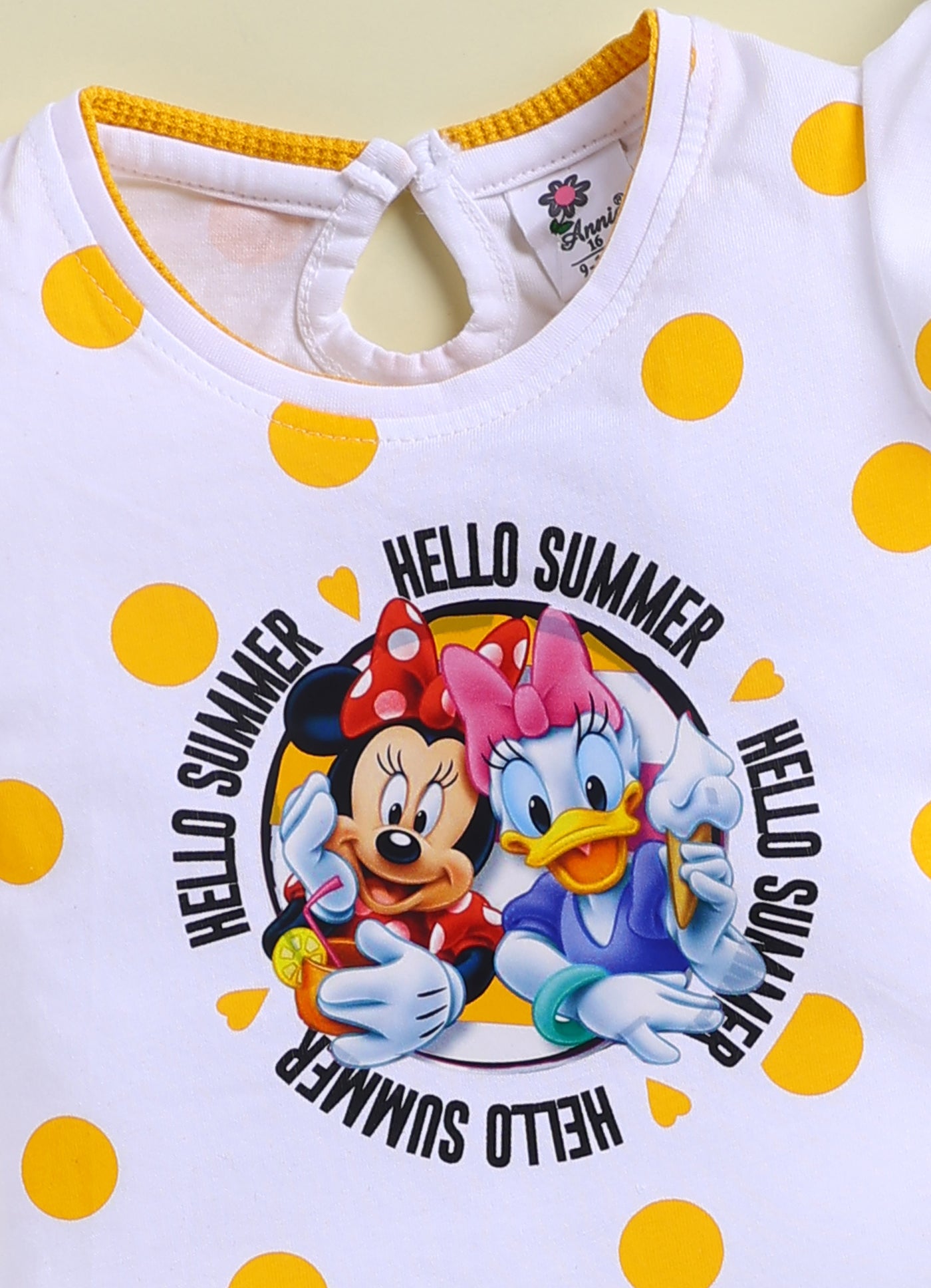 Annie Girls Minnie Mouse & Daisy Duck "Hello Summer" Polka Dot Yellow Top and Shorts Set
