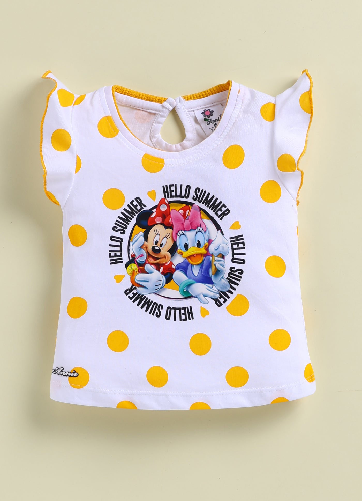 Annie Girls Minnie Mouse & Daisy Duck "Hello Summer" Polka Dot Yellow Top and Shorts Set