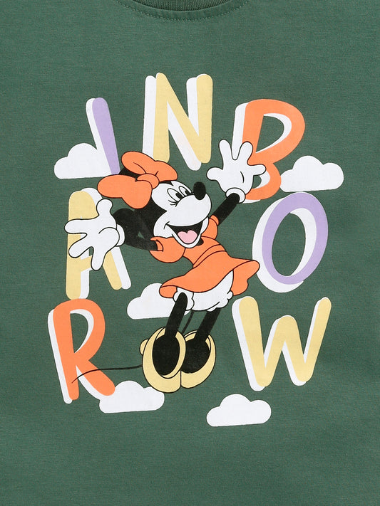 Image file 1740-M.Green.jpg showing a flat lay of a moss green Biskid brand girls short-sleeve t-shirt featuring a graphic of Minnie Mouse and stylized "RAINBOW" text.