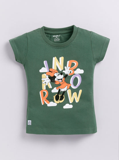 Image file 1740-M.Green.jpg showing a flat lay of a moss green Biskid brand girls short-sleeve t-shirt featuring a graphic of Minnie Mouse and stylized "RAINBOW" text.