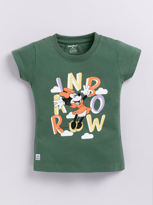 Image file 1740-M.Green.jpg showing a flat lay of a moss green Biskid brand girls short-sleeve t-shirt featuring a graphic of Minnie Mouse and stylized "RAINBOW" text.