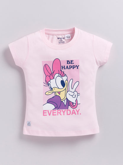 Image file _MG_5190.jpg showing a flat lay of a light pink Biskid brand girls short-sleeve t-shirt featuring a graphic of Daisy Duck and the text "BE HAPPY EVERYDAY."