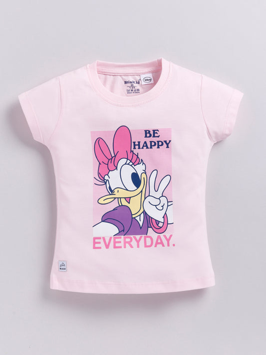 Image file _MG_5190.jpg showing a flat lay of a light pink Biskid brand girls short-sleeve t-shirt featuring a graphic of Daisy Duck and the text "BE HAPPY EVERYDAY."