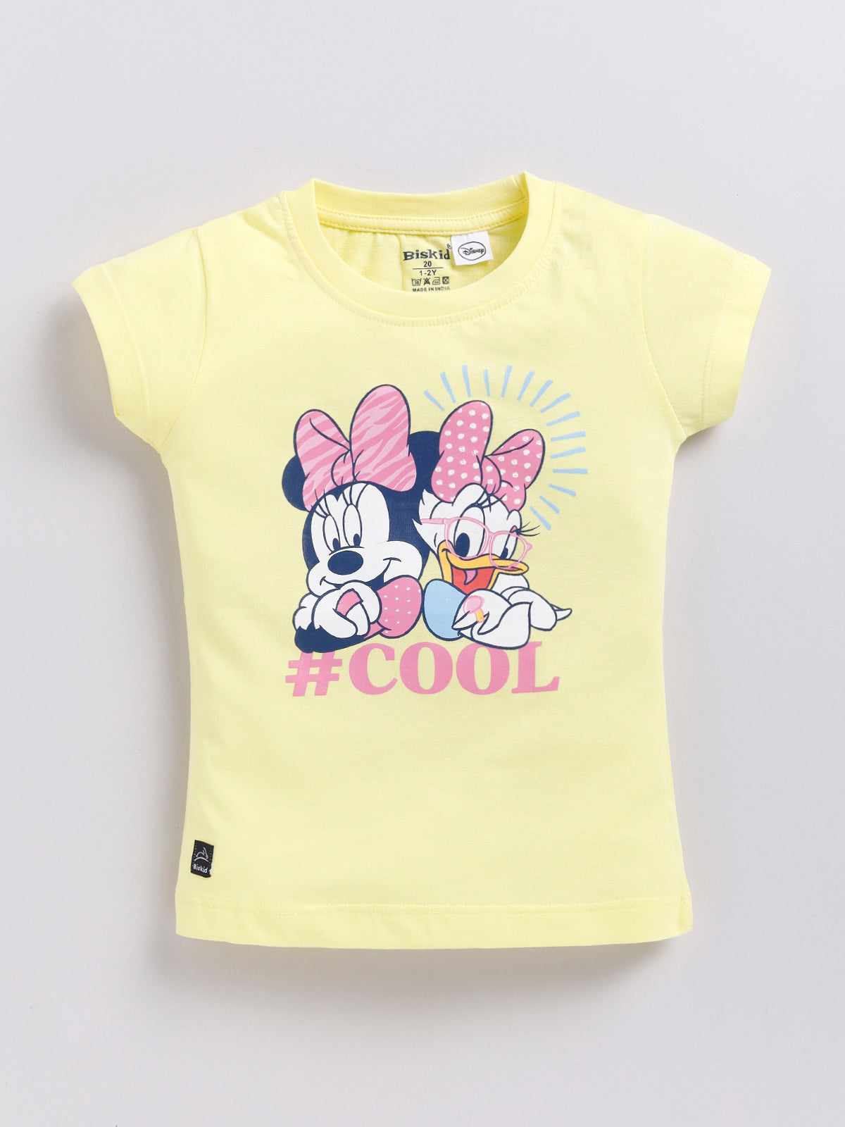 Image file 1740-Lemon.jpg showing a flat lay of a lemon yellow Biskid brand girls short-sleeve t-shirt featuring a graphic of Minnie Mouse and Daisy Duck with the text "#COOL."