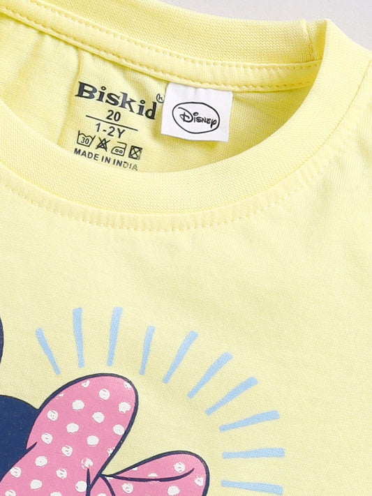 Image file 1740-Lemon.jpg showing a flat lay of a lemon yellow Biskid brand girls short-sleeve t-shirt featuring a graphic of Minnie Mouse and Daisy Duck with the text "#COOL."