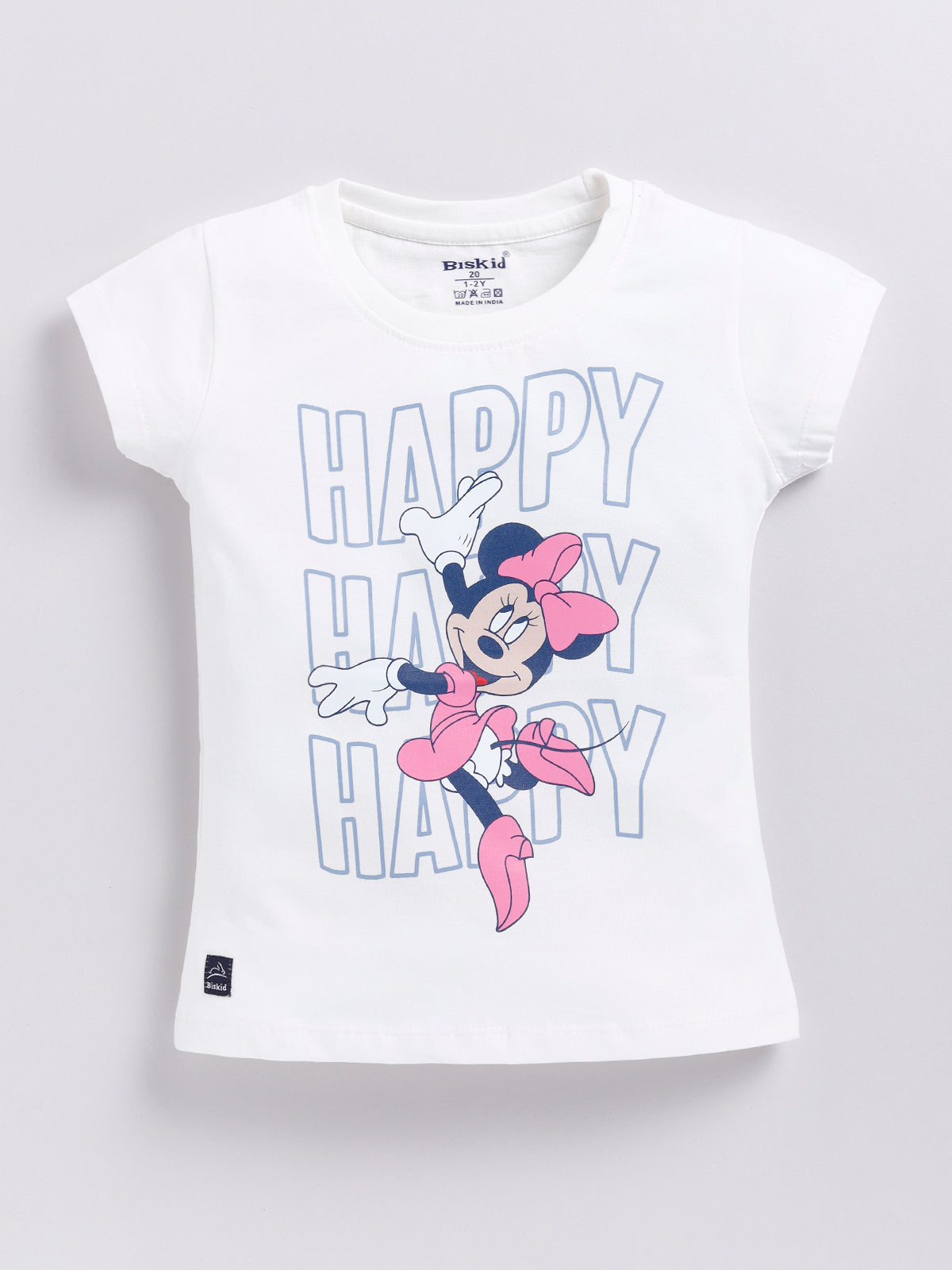 Image file 1740-OffWhite.jpg showing a flat lay of an off-white Biskid brand girls short-sleeve t-shirt featuring a graphic of Minnie Mouse and stylized "HAPPY" text.