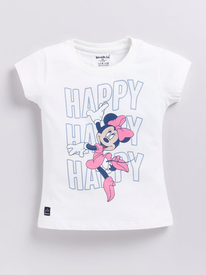 Image file 1740-OffWhite.jpg showing a flat lay of an off-white Biskid brand girls short-sleeve t-shirt featuring a graphic of Minnie Mouse and stylized "HAPPY" text.