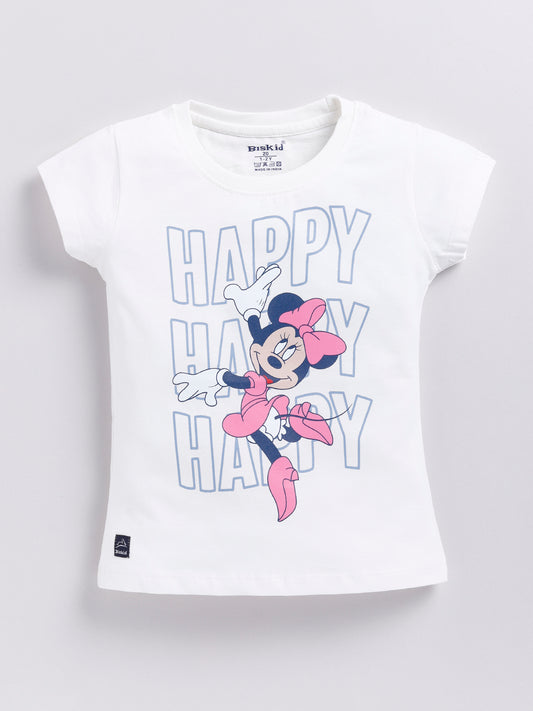 Image file 1740-OffWhite.jpg showing a flat lay of an off-white Biskid brand girls short-sleeve t-shirt featuring a graphic of Minnie Mouse and stylized "HAPPY" text.