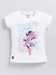 Image file 1740-OffWhite.jpg showing a flat lay of an off-white Biskid brand girls short-sleeve t-shirt featuring a graphic of Minnie Mouse and stylized "HAPPY" text.