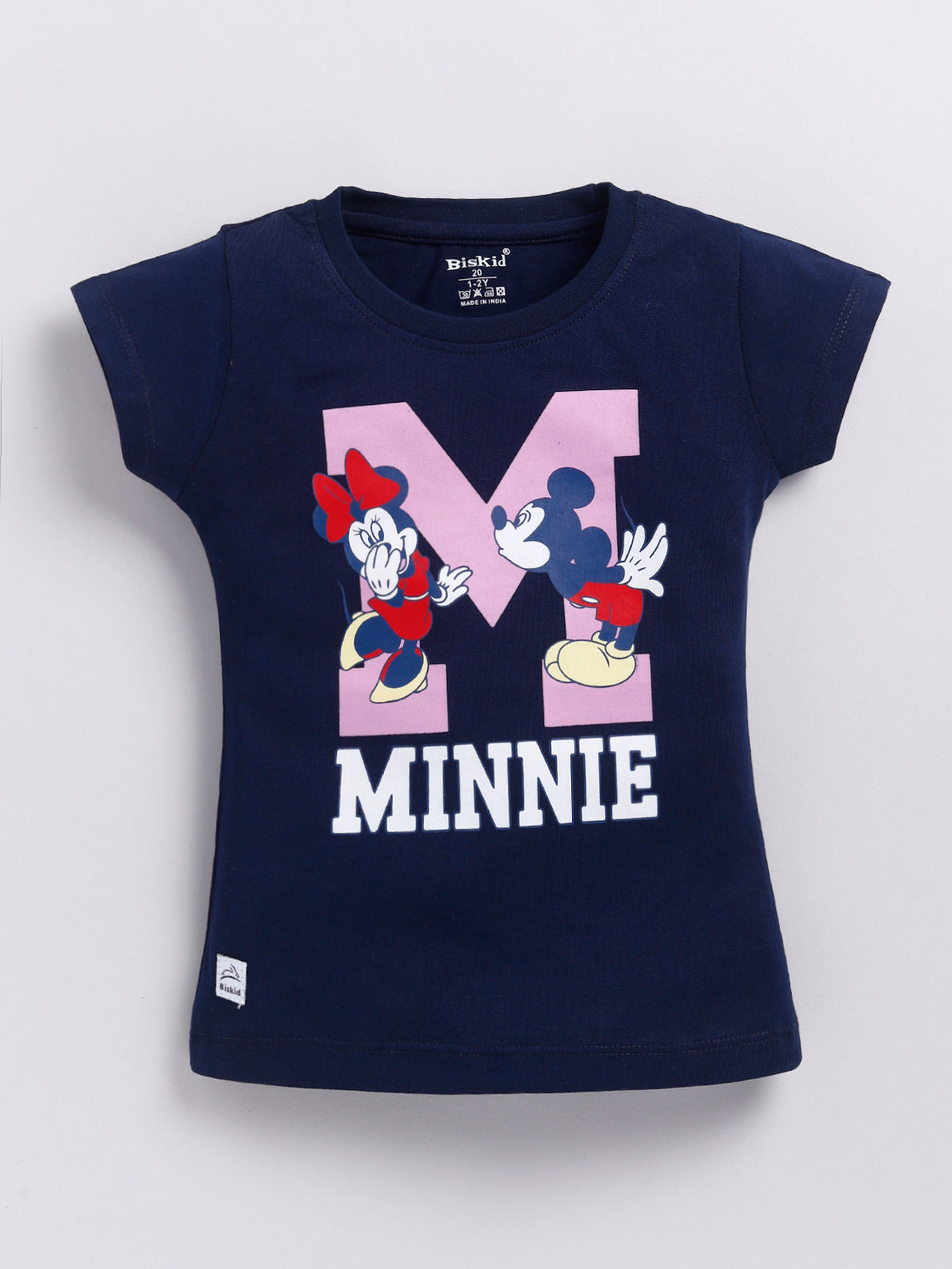Image file 1740-Navy.jpg showing a flat lay of a navy Biskid brand girls short-sleeve t-shirt featuring a graphic of Mickey and Minnie Mouse with a large "M" and "MINNIE" text.