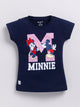 Image file 1740-Navy.jpg showing a flat lay of a navy Biskid brand girls short-sleeve t-shirt featuring a graphic of Mickey and Minnie Mouse with a large "M" and "MINNIE" text.