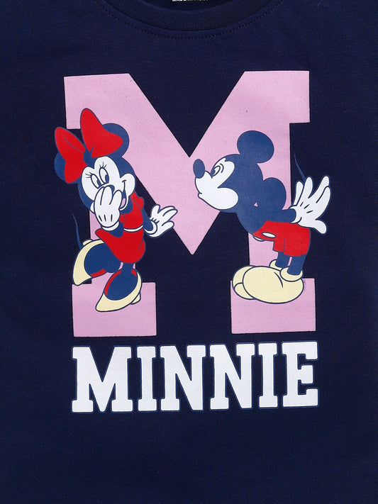 Image file 1740-Navy.jpg showing a flat lay of a navy Biskid brand girls short-sleeve t-shirt featuring a graphic of Mickey and Minnie Mouse with a large "M" and "MINNIE" text.