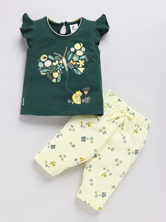 Green Butterfly Printed Top Capri Set for Girls by Annie