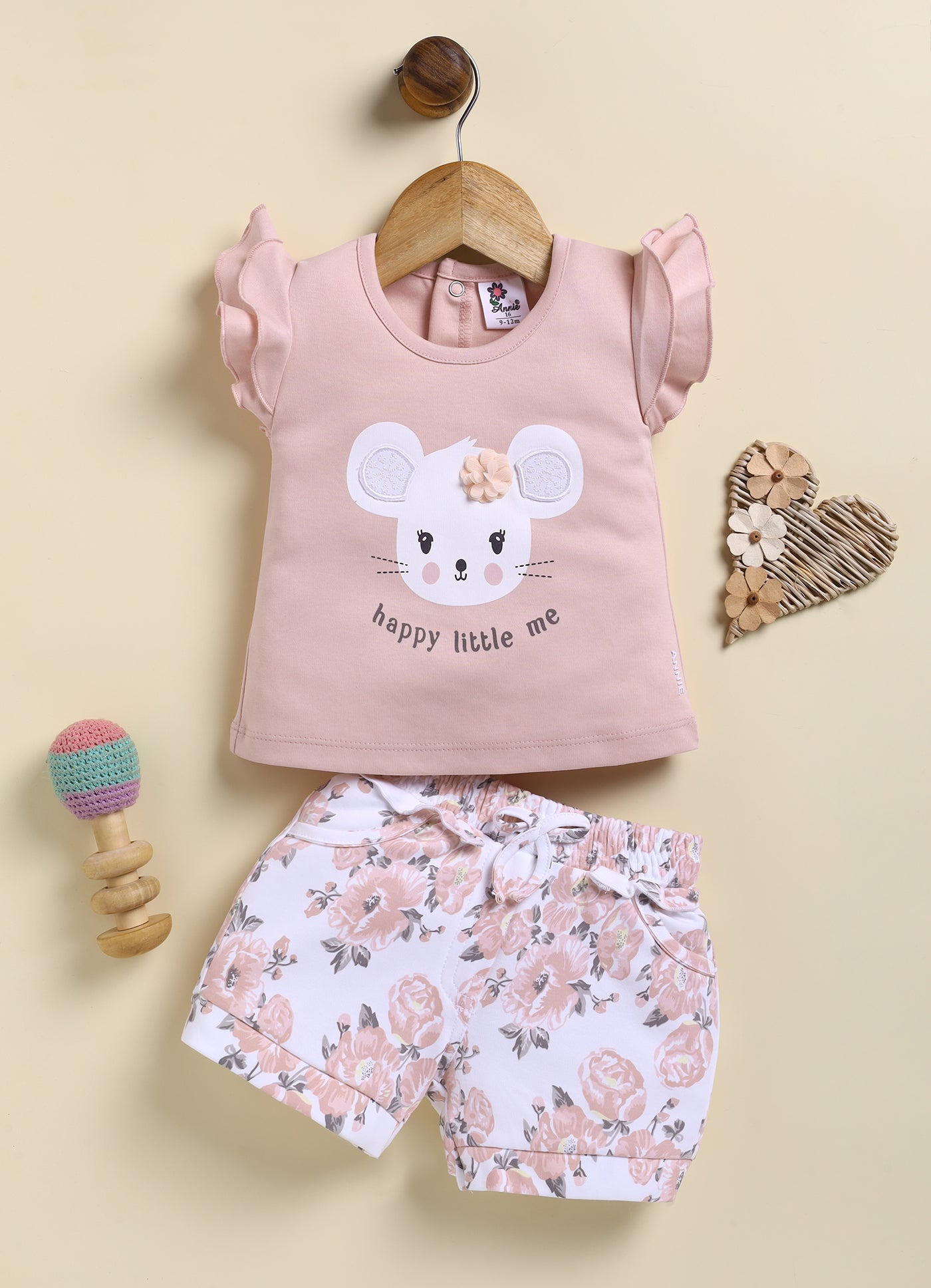 Annie Girls "Happy Little Me" Mouse Top and Floral Shorts Set - Peach