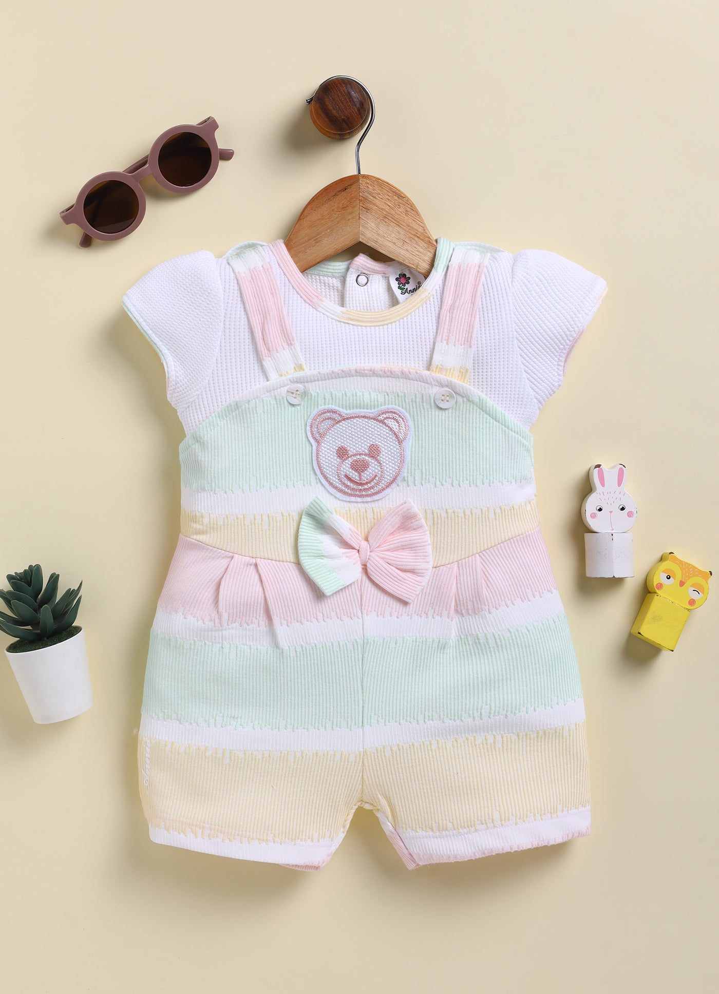 Annie Girls Pastel Striped Bear Patch Short Jumpsuit - Pink