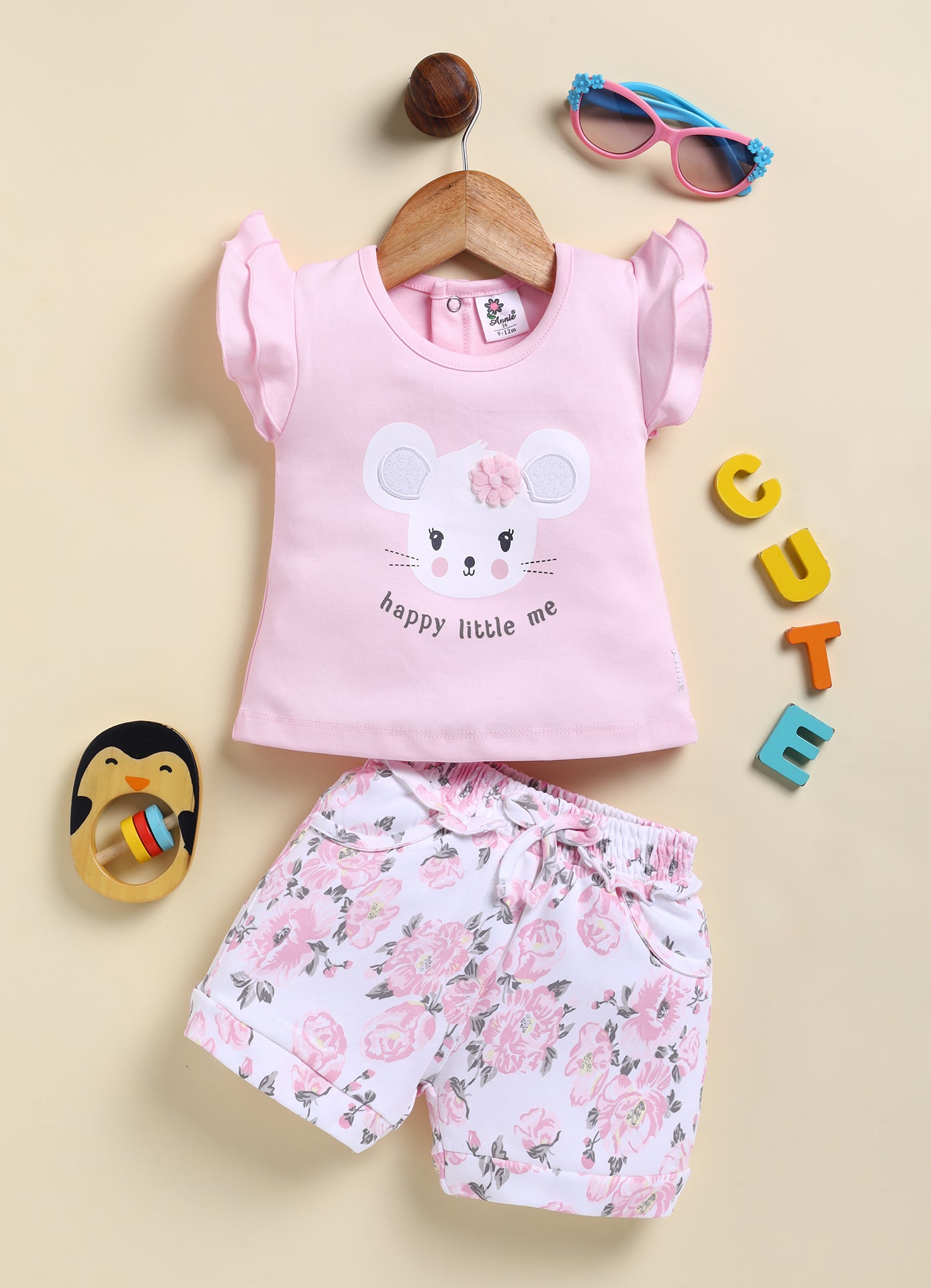 Annie Girls "Happy Little Me" Mouse Top and Floral Shorts Set - Pink