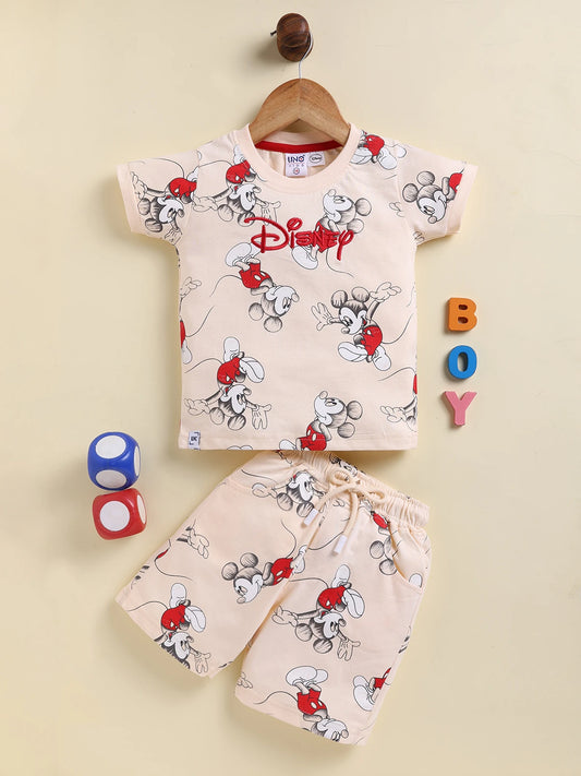 Light Peach Micky Printed Co-ord Set for Boys by Uno Kids