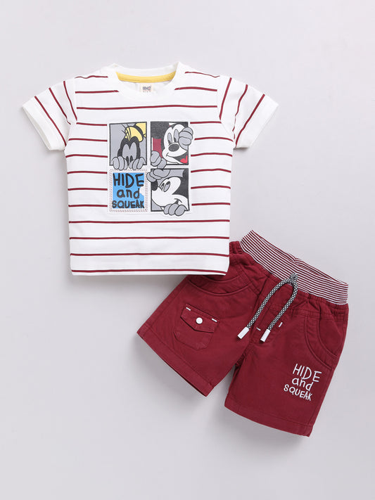 White Red Stipe Micky Stripes T-Shirt Pant Set for Boys by Uno Kids