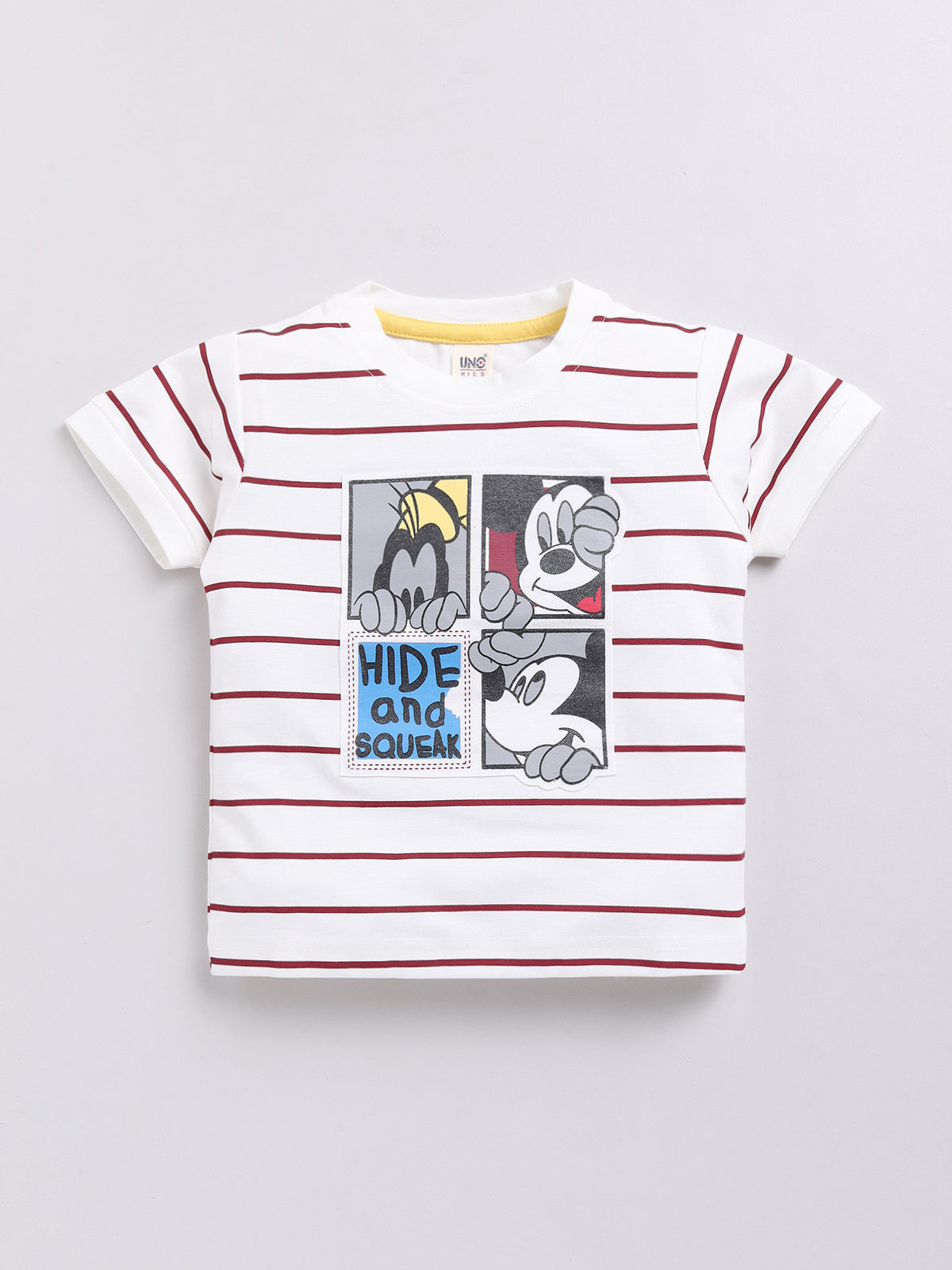 White Red Stipe Micky Stripes T-Shirt Pant Set for Boys by Uno Kids