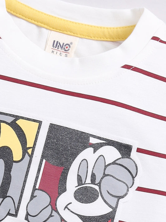 White Red Stipe Micky Stripes T-Shirt Pant Set for Boys by Uno Kids