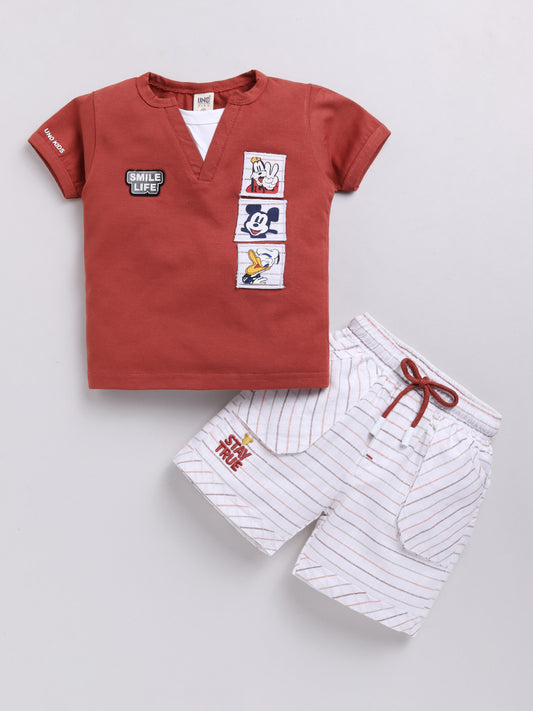 Brown Micky Printed T-Shirt Pant Set for Boys by Uno Kids