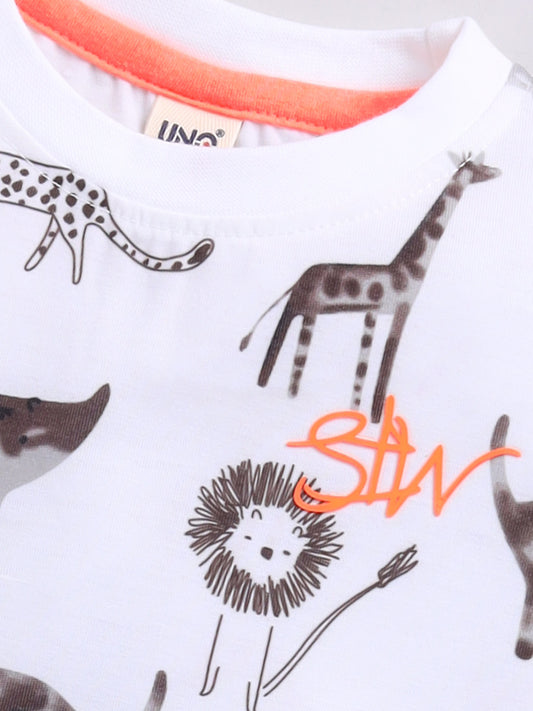 Brown Printed T-Shirt Pant Set for Boys by Uno Kids