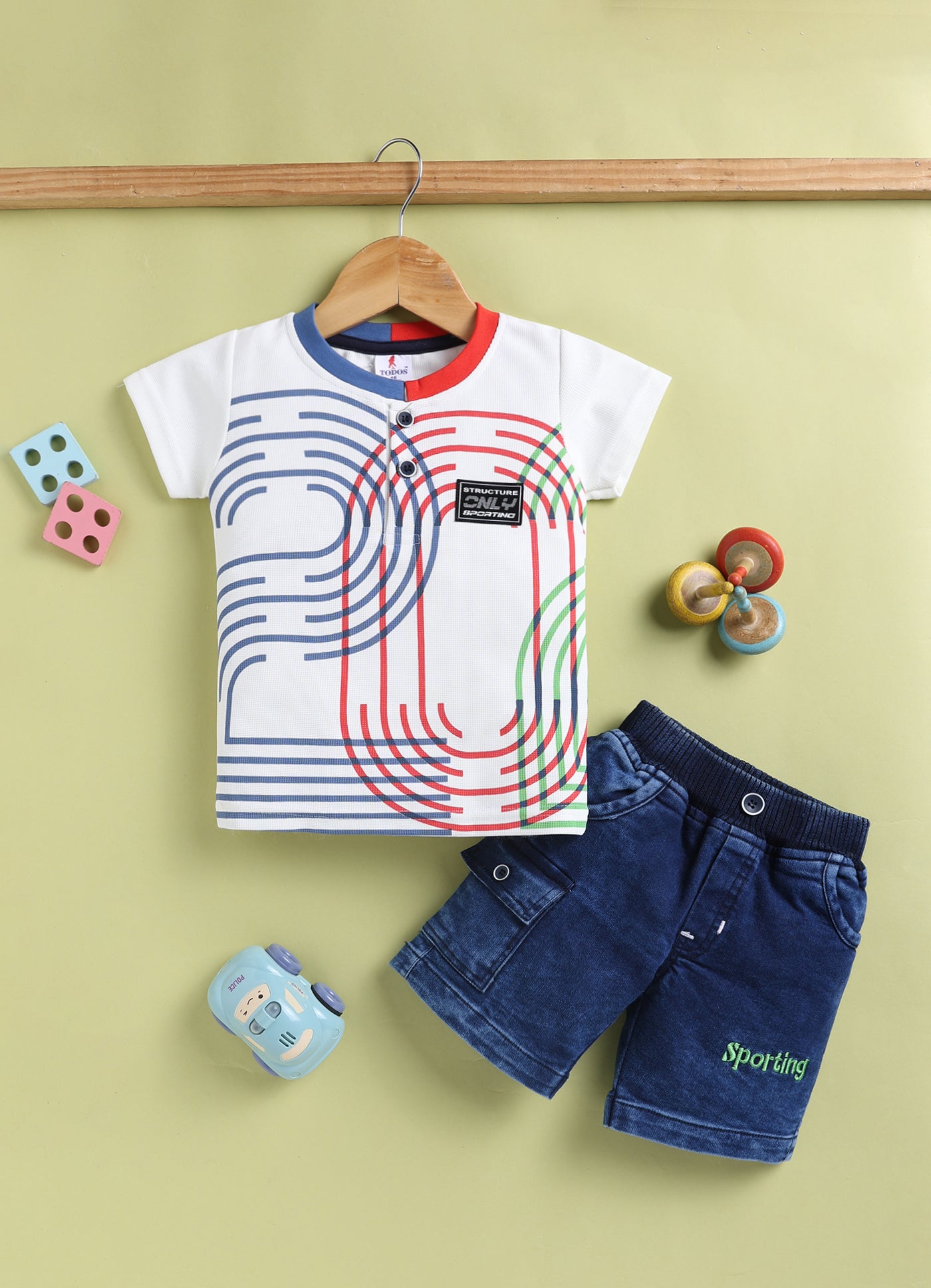 TODOS Boys Sporty Graphic Henley Blue T-Shirt and Cargo Shorts Set