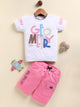 Image file U-19080-Peach.jpg showing a flat lay of a Todos brand boys two-piece clothing set. The outfit includes a white short-sleeve t-shirt with a multi-colored "GEOMETRY" graphic, paired with peach cargo shorts featuring a drawstring waist, "GEOMETRY" text on the hem, and a "TODOS" utility patch.