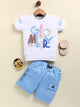 Image file U-19080-Sky Blue.jpg showing a flat lay of a Todos brand boys two-piece clothing set. The outfit includes a white short-sleeve t-shirt with a multi-colored "GEOMETRY" graphic, paired with sky blue cargo shorts featuring a drawstring waist, "GEOMETRY" text on the hem, and a "TODOS" utility patch.