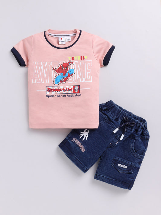 Peach Spider Man Printed T-Shirt Pant Set for Boys by Todos