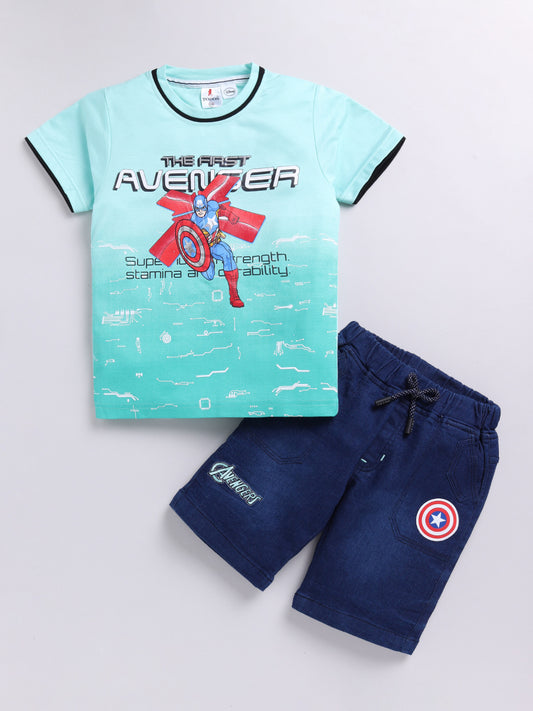 Sea Green Captain Amarica Printed T-Shirt Pant Set for Boys by Todos