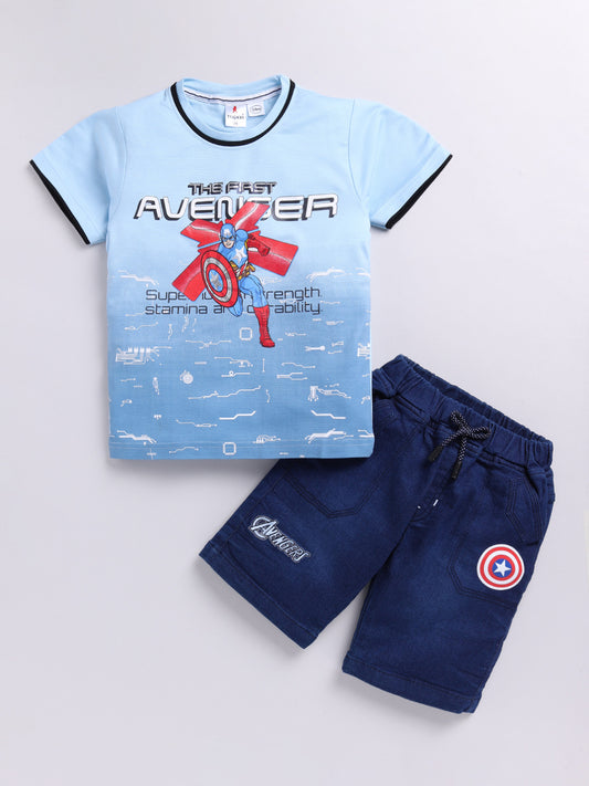 Sky Blue Captain Amarica Printed T-Shirt Pant Set for Boys by Todos