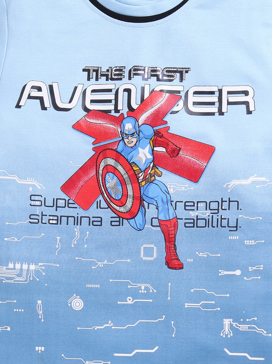 Sky Blue Captain Amarica Printed T-Shirt Pant Set for Boys by Todos
