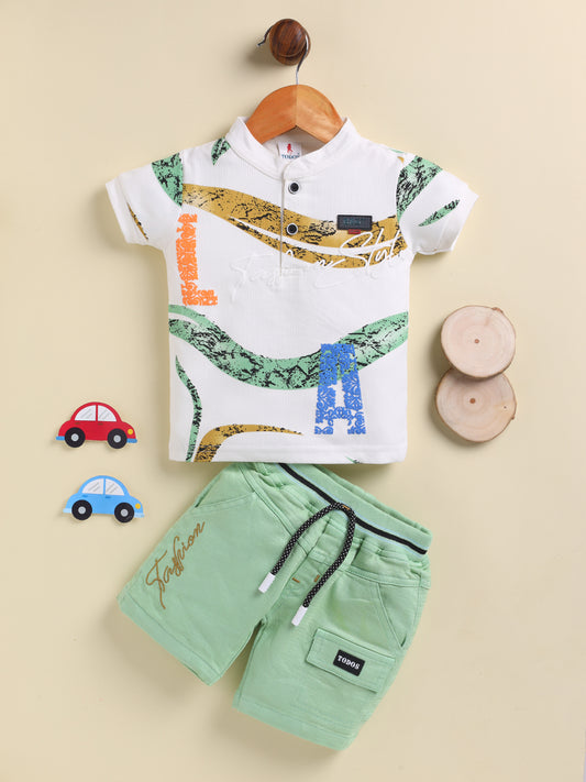 Green Printed T-Shirt Pant Set for Boys by Todos