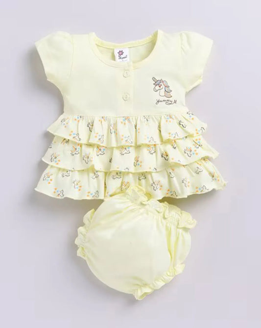 Yellow Printed Frock Panty Set for Girls by Annie