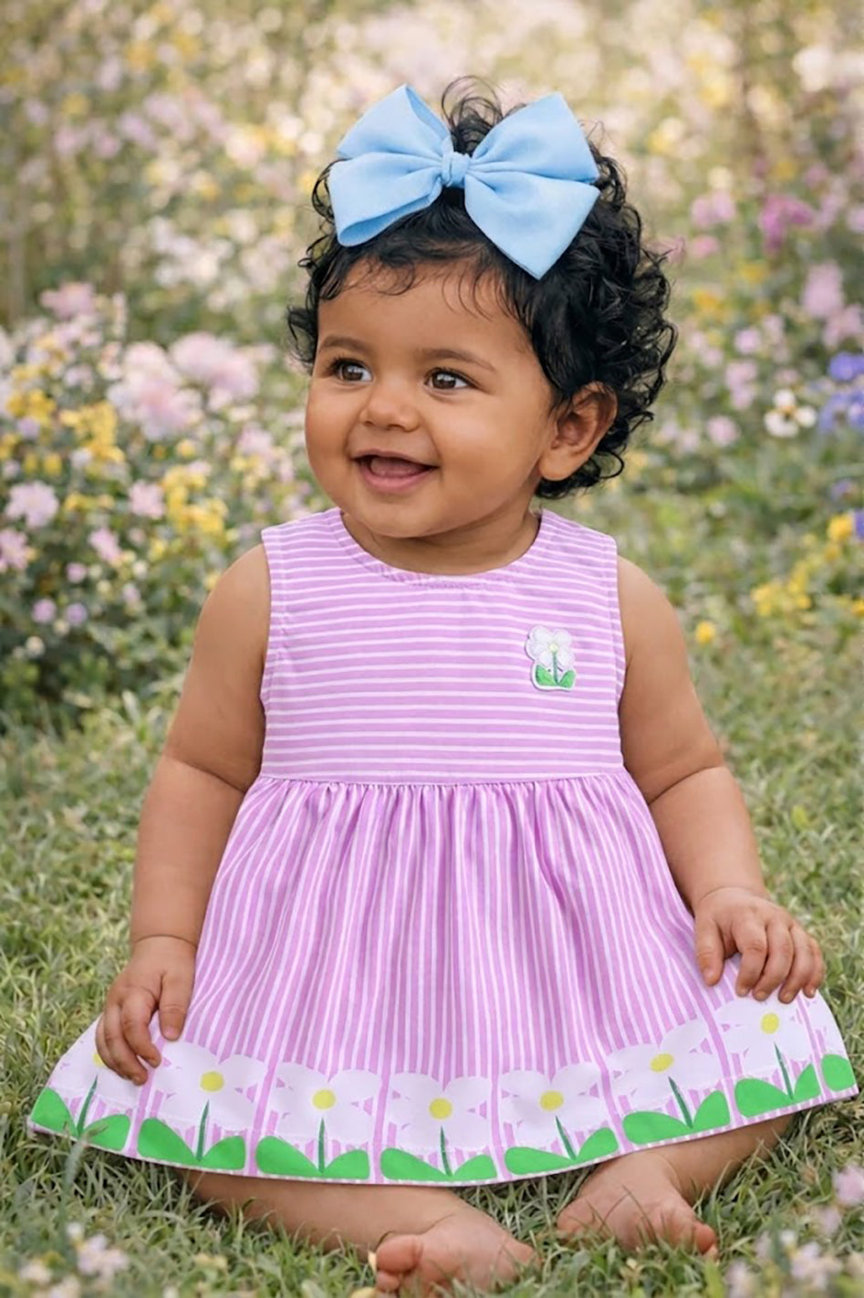 Flat lay of an Annie brand girls sleeveless light purple and white striped frock featuring a small flower patch on the chest and a border of large white flowers with green leaves along the bottom hem.