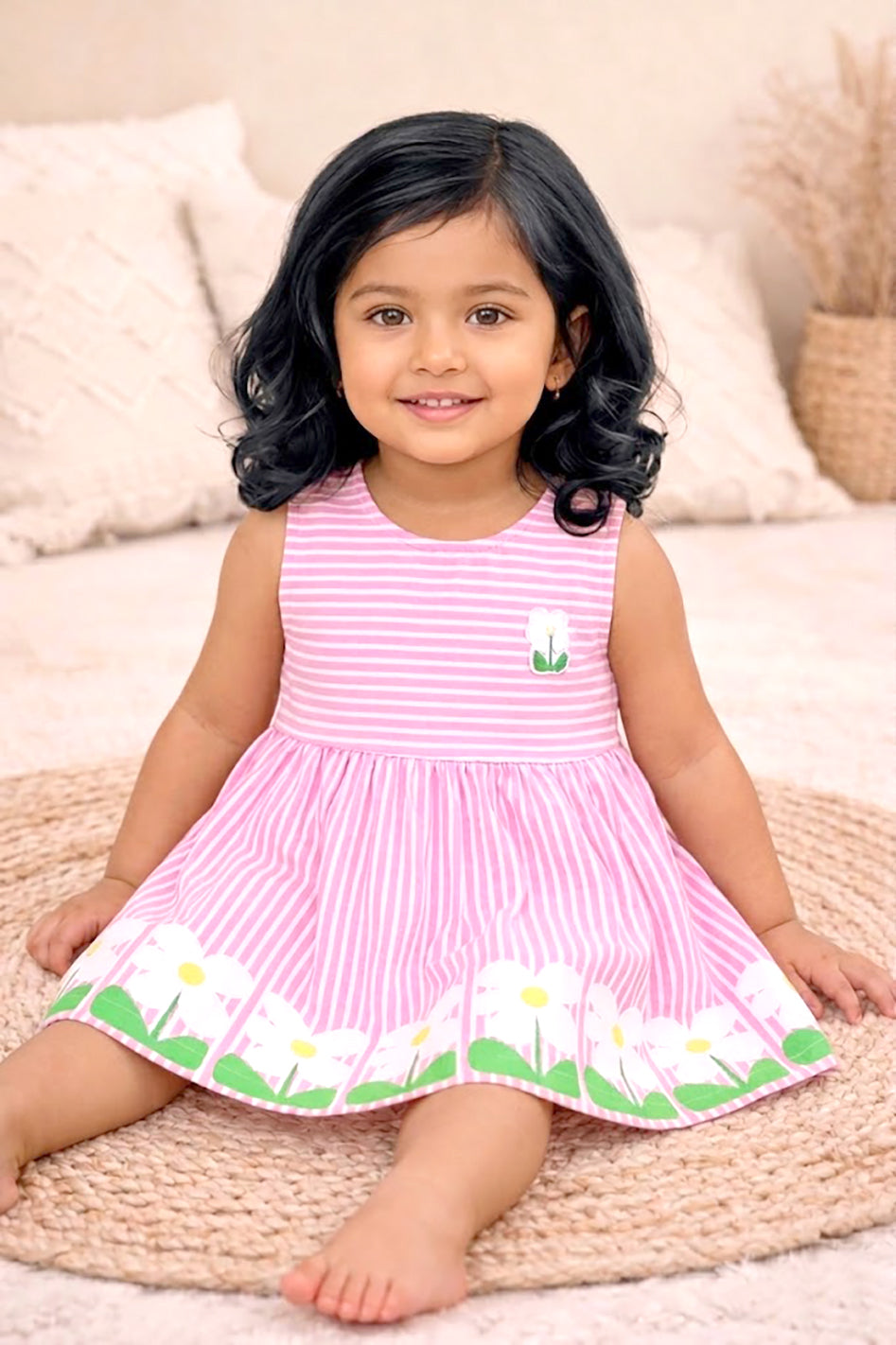 Flat lay of an Annie brand girls sleeveless pink and white striped frock featuring a small flower patch on the chest and a border of large white flowers with green leaves along the bottom hem.